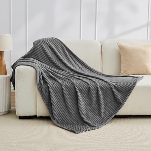Bnuitland Fleece Throw Blanket for Couch, 300GSM Soft Warm Cozy Fluffy Throw for Adults & Kids, Stripe Pattern, All Season Sofa Bed Blanket for Home Decor, Grey 50"x60" by BNUITLAND