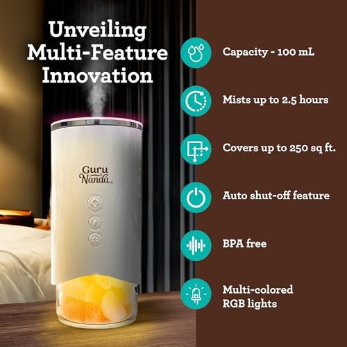 GuruNanda Saltair Lamp Essential Oil Diffuser & Humidifier Aromatherapy Mist with Changing Light - Himalayan Salt - White - 100mL - Image 2