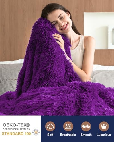 Pawque Faux Fur Sherpa Fleece Throw Blankets Twin Size 60x80 Inches, Purple - Image 3