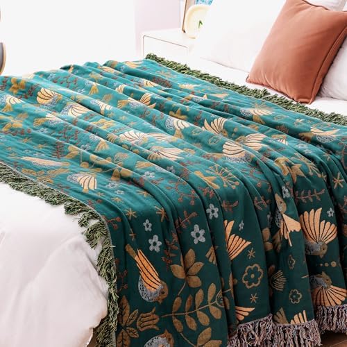 VANJOROY Boho Throw Blanket, 100% Organic Cotton Breathable Ultra Soft 91" x 108" King Bed Quilt Throw - Floral Rustic Bird Farmhouse Decor Luxury Blanket for Sofa Couch Chair and Gift,Teal/Beige - Image 7