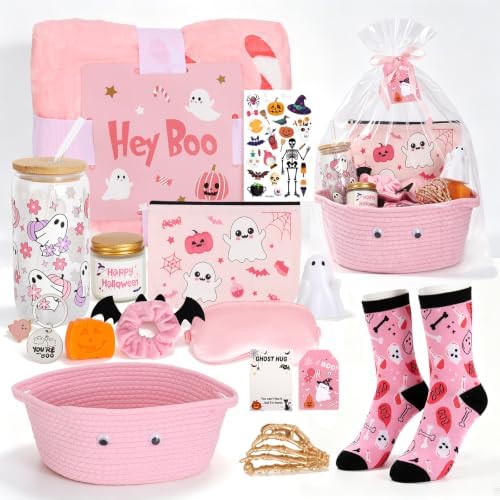 Womens Pink Gift Set Halloween Gifts for Women Cute Halloween Boo Basket Her Sister Friend Adults With Spooky Glass Cups by WxzumgPARTYFAVORS