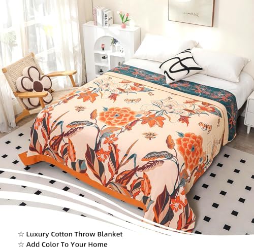 VANJOROY Boho Large Throw Blanket, 100% Organic Cotton Breathable Soft Bed Throw - Floral Bird Farmhouse Decor Blanket for Sofa Couch Chair Quilt and Gift. 91" x 98"- Beige - Image 2