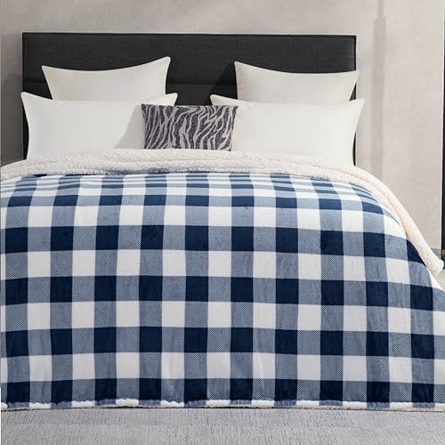 Elegant Comfort Ultra Soft Reversible Buffalo Plaid Flannel Sherpa Blanket - Cozy Silky Checkered Fleece Throw for Couch, Bed - Plush Fuzzy Warm Winter Blanket for Gift, Queen, Navy - Image 4