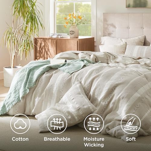 Bedsure PureWoven Boho Striped Cotton Waffle Duvet Cover Set, Queen, Linen - Image 4