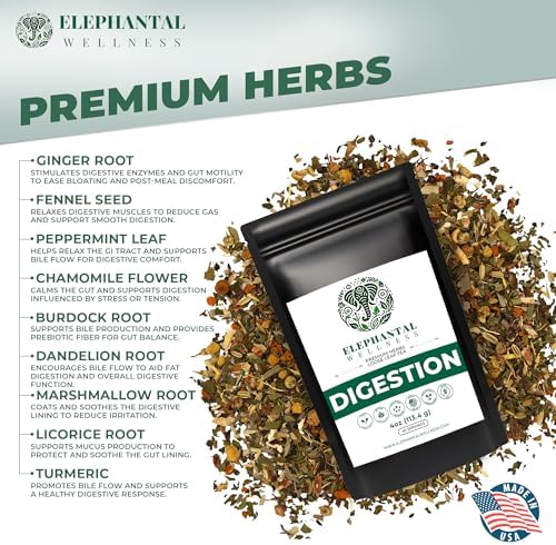 Elephantal Wellness Digestion Herbal Tea – Supports Healthy Digestion & Gut Comfort | Burdock Root, Ginger, Fennel, Peppermint, Turmeric & Chamomile | Caffeine-Free Loose Leaf Tea – 4oz, 40 Servings - Image 2