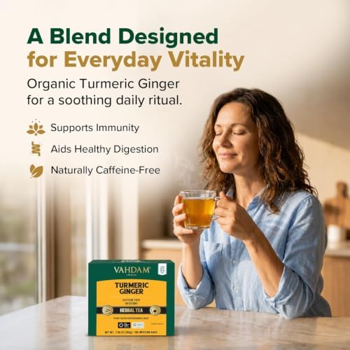 VAHDAM Organic Turmeric Ginger Herbal Tea Bags (100 Pyramid Tea Bags) Caffeine Free, Non GMO | 100% Pure Herbal Blend - Savory & Spicy, Plant-Based Teabags | Resealable Ziplock Pouch - Image 5