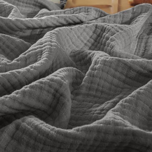 PHF 100% Cotton Muslin Blanket Queen Size 90"x90", 4-Layer Lightweight Gauze Throw, Breathable Cloud-Soft Minimalist Blanket for Bed, Couch, Camping & Baby, Greyish Black, Ideal Gift by PHF