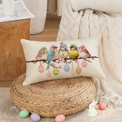 RABUSOFA Easter Pillow Covers 12x20 inch Easter Decorations for Home Pink Birds Colorful Eggs Lumbar Throw Pillows for Bedroom Sofa Holiday Festivals Decor - Image 4