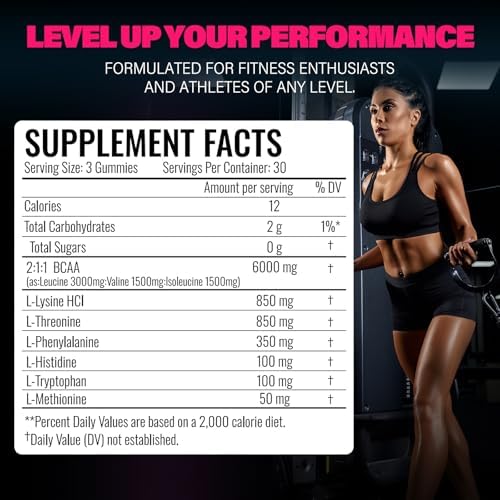 EAA Gummies - 2:1:1 BCAA Formula (8300mg) - Essential Amino Acids for Muscle Recovery & Endurance - Non-GMO, Gluten Free, Sugar Free, Vegetarian, Raspberry Flavor - 90 Count - Image 7
