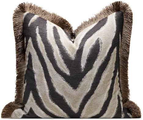 Designer Zebra Throw Pillow Cover with Brown Fringe, Luxury Zebra Pattern Jacquard Design Decorative Pillow Cover for Modern & Classic Home Decor,18x18 Inch (Single Pack) by AIBUHOME