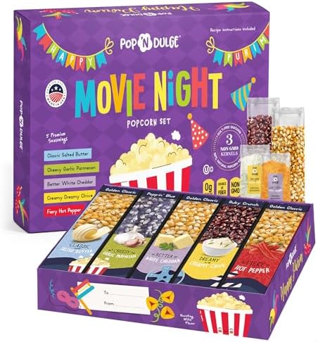 Purim Movie Night Popcorn Gift Set, Kosher Purim Gifts, Mishloach Manot Gift Baskets, Gourmet Popcorn Kernels and 5 Popcorn Flavoring, Non-GMO Popcorn Gifts - 10 Pack, Gift Ideas by PopNDulge