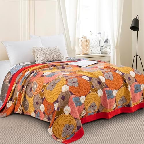 100% Muslin Cotton Throw Blanket for Bed Couch Chair, Floral Persimmon Printed Colorful Retro Quilt Ultra Soft Reversible Gauze Blanket for All Season, 90"x98" by Purefair