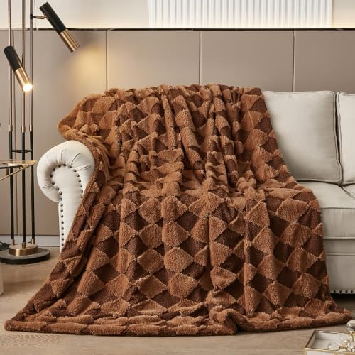 PU MEI Luxury Faux Fur Rabbit Fur Throw Blanket Brown 60"*80",Soft Plush Reversible Sherpa Blankets,Twin Fuzzy Elegant Blanket Thick Throws for Bed,Comfy Bedding Accent Blankets for Sofa Couch Chair by HOME