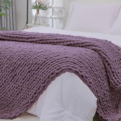 Bigacogo Chunky Knit Throw Blanket for Couch, 40x80 inches, Winter Grape by Bigacogo