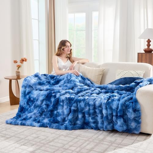 Lotus Karen Faux Fur Throw Blanket Tie-Dye Blue - Big Bubble Rabbit Fluff Blanket for Couch, Large Fluffy Fuzzy Cozy Blanket,Thick Furry Plush Shaggy Blankets,90x90 Inches - Image 3