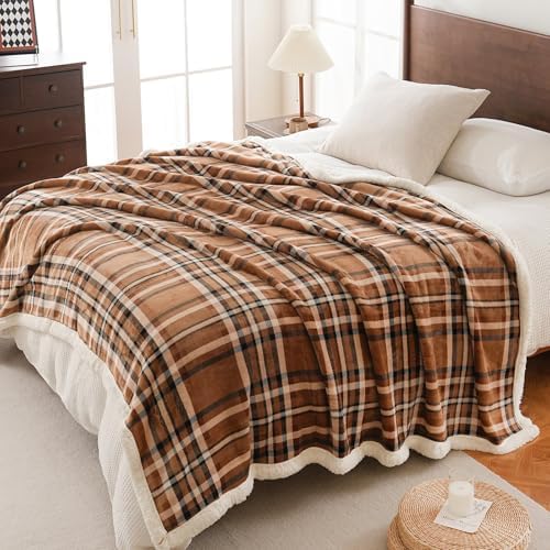 PU MEI Sherpa Fleece Throw Blanket 60" x 80" Reversible Plush Fluffy Large Big Blanket Lattice Flannel Blankets for All Season Use, Mocha Brown - Image 2