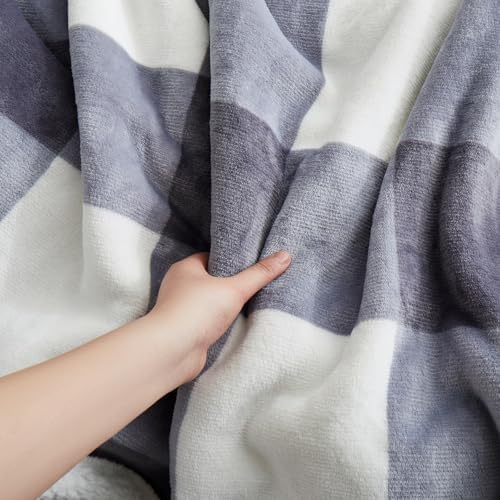 PU MEI Sherpa Blanket Fleece Throw Blanket Full Queen Plaid Thick Bed Blanket, Soft Warm Cozy Grey Checkered Throw Blanket 80"*90" - Image 4