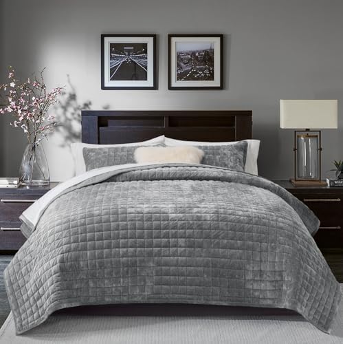 RECYCO Channel Box Stitch Velvet Quilt Set, Twin/Twin XL Size, Gray - Image 2