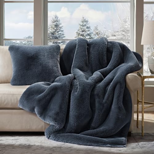 EVERGRACEHOME Faux Chinchilla Fur Throw Blanket, 50"x60", Stormy Blue Mink - Image 5