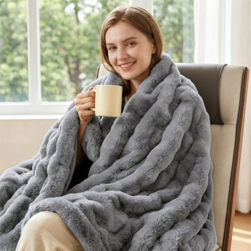 ORINOVA Gray Blanket Twin Size 60x80 Soft Fluffy Faux Fur Bed Cover Fuzzy Plush Bubble Throw for Couch Warm Cozy Bedding for Bedroom, Dorm and Guest Room Decor - Image 2