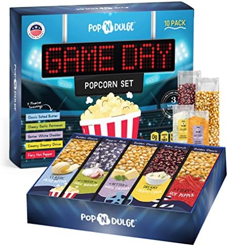Game Day Movie Night Popcorn Gift Set Gifts For Men Family Gifts Party Supplies, 5 Non-GMO Gourmet Popcorn Kernels and 5 Popcorn Seasoning Flavoring - 10 Pack by PopNDulge