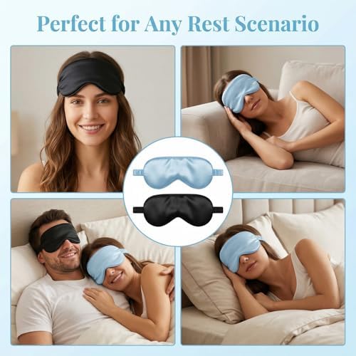 2Pcs Silk Sleeping Mask, Soft Breathable Blackout Eyeshade Comfortable Adjustable Satin Eye Shade for Women Sleep Travel Nap Bridesmaid Gifts (Blue, Black) - Image 5