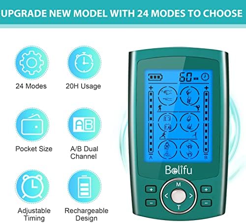 Belifu Dual Channel TENS EMS Unit with 12 Pads, 24 Modes Muscle Stimulator, Electronic Pulse Massager Muscle Massager for Pain Relief Therapy, Fastening Cable Ties, Dust-Proof Drawstring Storage Bag - Image 4