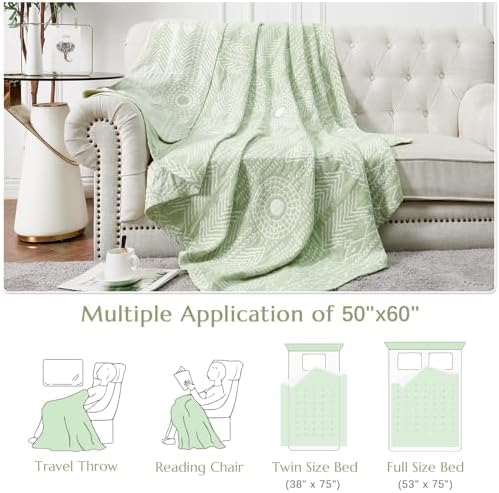 jinchan Boho 100% Cotton Muslin 50x60 Throw Blanket Lightweight 3-Layer Green Blanket Washable Reversible Breathable Decorative Geometric Striped Patterned Soft Cozy for Sofa Bed All Season Gift - Image 6