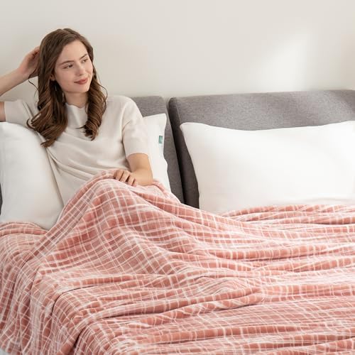 Berkshire Blanket-Classic Heavyweight Soft Printed VelvetLoft® Plush Blanket, Full/Queen Size Soft Fuzzy Warm Blanket for Couch Sofa Bed, Watercolor Plaid Blush, 90in x 90in - Image 3
