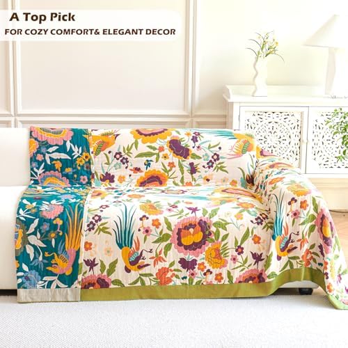 VANJOROY Boho Throw Blanket for Bed, 100% Organic Cotton Breathable Ultra Soft 60" x 80" Quilt Throw - All Season Floral Rustic Farmhouse Decor Luxury Reversible Blanket for Sofa Couch Chair and Gift - Image 4