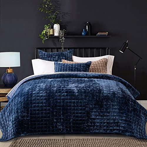 RECYCO Channel Box Stitch Velvet Quilt Set, King Size, Navy Blue by RECYCOHOMECOLLECTION