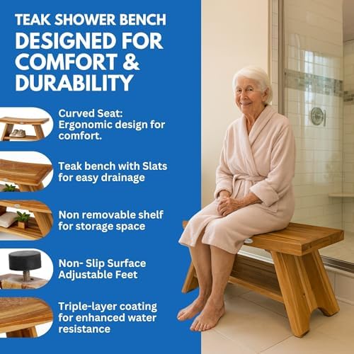 EcoDecors Serenity 30-Inch Teak Shower Bench with Shelf, 300 lb - Image 2