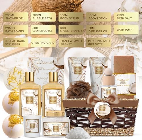 Birthday Gifts Basket for Women, 15pcs Vanilla Coconut Bath Set with Shower Gel, Bubble Bath, Diffuser Oil, Scented Candle, Skin Care Kit Birthday Gift for Women - Image 2