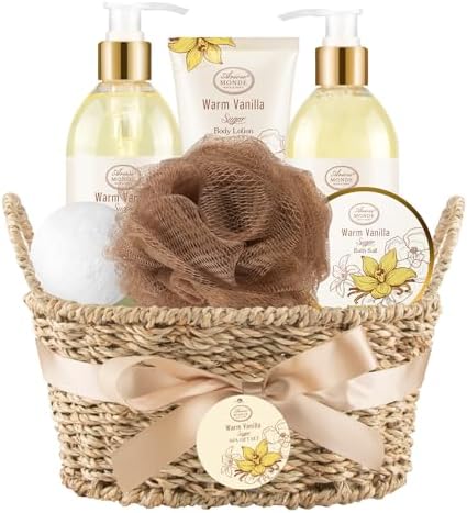 Bath and Body Warm Vanilla Sugar Gift Set, 7pcs Gift Basket for Women, Mom by Ariosemonde