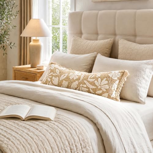 BlissBlush Long Lumbar Pillow Cover 14x36 Indoor Outdoor, Jute Inspired Floral Tufted Accent Oversize Throw Pillowcase for Patio Bed Bedroom, Cover Only - Image 3