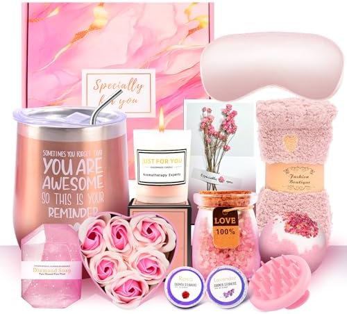 12 Piece Spa Gifts Set for Women, Self Care Gift Basket for Mom Wife Her, Relaxing Gifts with Eye Mask, Water Bottle, Bath Bombs, Aromatherapy for Valentines Day, Birthday, Christmas (Rose) by Unknown