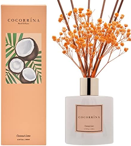 Cocorrína Premium Reed Diffuser Set with Preserved Baby's Breath & Cotton Stick Coconut Lime | 6.7oz Scent Fragrance Oil Diffuser for Bedroom Bathroom Home Décor by COCORR%C3%8DNA