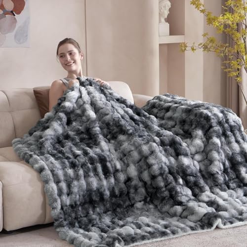 60x80 Inches Ultra-Soft Fuzzy Faux Fur Plush Twin Size Blanket - Thick, Warm Sherpa for Couch, Sofa, Bedroom, Camping - Decorative Blanket for Cozy Warmth, Bubble Light Grey Tie Dye - Image 2
