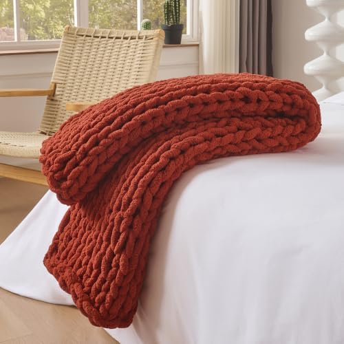 Bigacogo Chunky Knit Throw Blanket for Couch, 40x60 inches, Rust Red by Bigacogo
