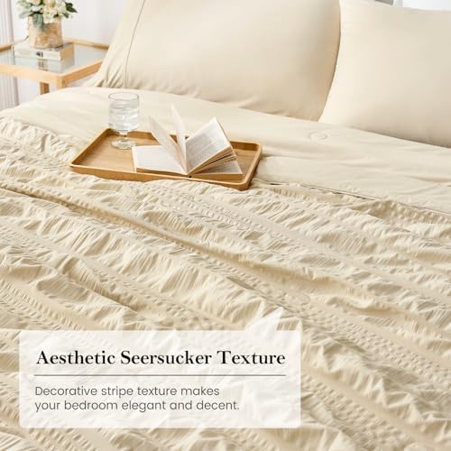 Cozy Bliss Striped Seersucker Cooling Comforter King Size, Lightweight Airflow Silky Cooling Bedding with Q-Max>0.45 for Bedroom, Home Decor, Hot Sleepers & Night Sweats, Khaki 106"×90" - Image 7