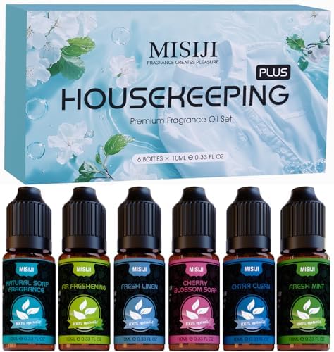 Housekeeping Essential Oils Set for Diffuser,Pure Aromatherapy Oil for Diffuser,Candle Making,Natural Soap Scent,Cherry Blossom Soap,Fresh Mint,Fresh Linen,Air Freshener,Extra Clean by MISIJIEssentialOilsOverall