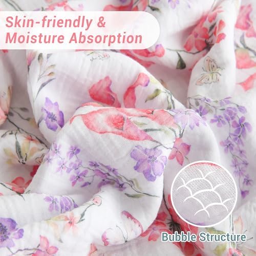 Viviland Fleece Throw Blanket Reversible Muslin Blankets, Soft Throw Blanket for Couch and Bed, Breathable Quilt Bedspread, Gauze Bedding for Adults, Large 50x70 inch, Pink Purple Flowers - Image 2