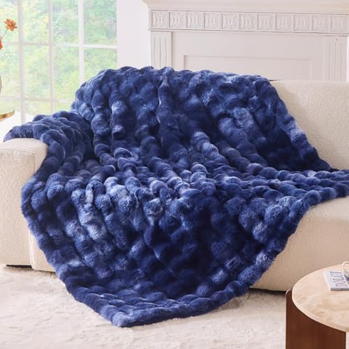 BENVWE Fluffy Faux Fur Throw Blanket for Couch, Soft Plush Thick Cozy Fuzzy Luxury Minky Bubble Blanket for Home Living Room Decor Gift for Women, Tie-dye Blue, 63" x 80", 1100GSM by BENVWE