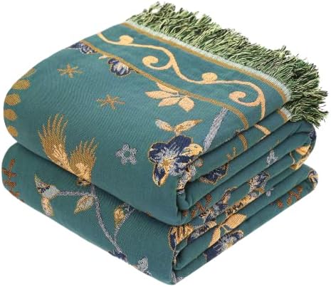 VANJOROY Boho 100% Cotton Large Throw Blanket - All Season Rustic Ultra Soft Breathable Floral Bird King Blanket for Bed Sofa Couch Chair Bedspread Quilt Gift, 91" x 98"-Teal/Beige by CHOOSEVANJOROYENJOYAMORECOMFORTABLEFEELING