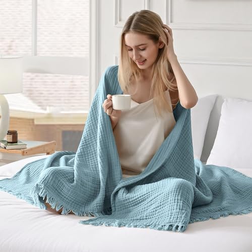 Esterra Muslin Throw Blanket 50x65 Inches Cozy Soft Lightweight Pre-Washed Cotton Blanket, All Season Breathable 4-Layer Gauze Blanket Throw for Sofa Couch Bed, Sky Blue - Image 4