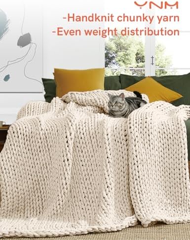 YnM Cotton Weighted Blanket, Handmade Chunky Knitted Design, Soft and Cozy, Temperature Regulating and Breathable, Machine Washable Throw for Sleep or Home Decor (Cream White, 43x50 Inch, 10lbs) - Image 2