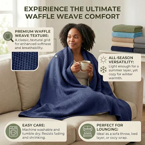 Tex Trend 100% Cotton Waffle Weave Blanket King Size - Soft, Breathable Cooling Blanket for Bed, Lightweight Cozy Summer & Spring Bedding, Navy Blue, 90x108 - Image 5