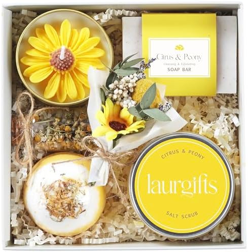 Sunflower Gifts for Women – Yellow Sunshine Spa Gift Box, Self Care Bath Basket with Citrus & Peony, Get Well Soon, Cheer Up or Birthday Present for Mom, Sister or Friend by LaurGifts