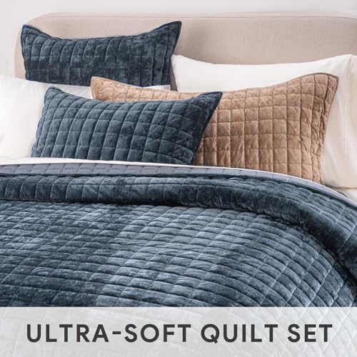 RECYCO Channel Box Stitch Velvet Quilt Set, Full Queen Size, Stormy Blue - Image 4