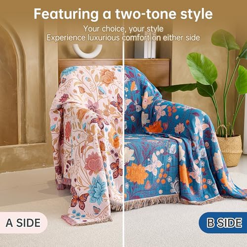 VANJOROY Boho Throw Blanket, 100% Organic Cotton Breathable Ultra Soft 80" x 90" Bed Quilt Throw - All Season Floral Rustic Farmhouse Decor Luxury Reversible Blanket for Sofa Couch Chair and Gift - Image 3